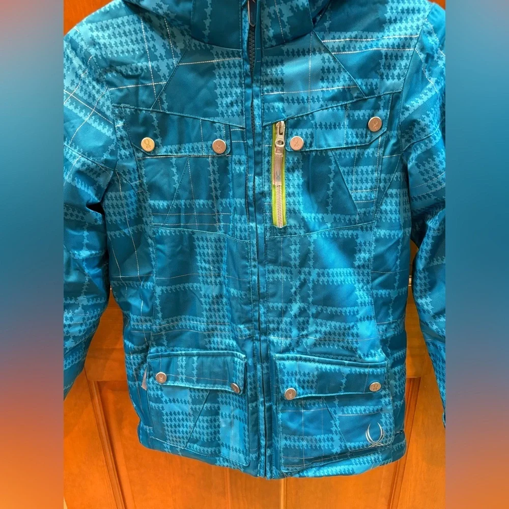 Spyder Girls Evar Ski Jacket Size 12 Riviera Checkered Plaid Print/Green Flash